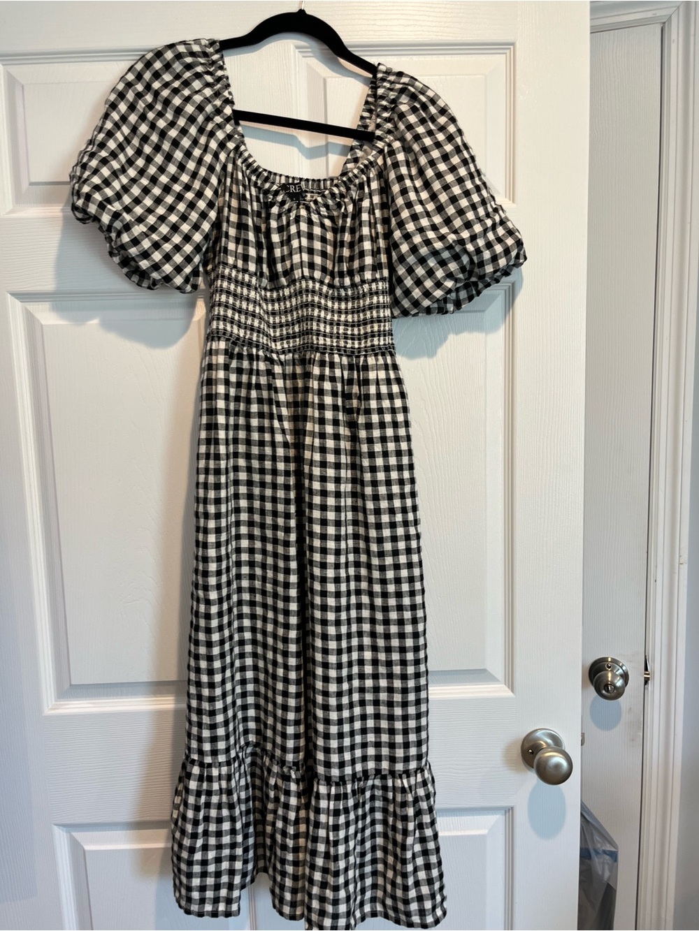 J. Crew Factory Black & White Gingham Midi Dress with Puff Sleeves